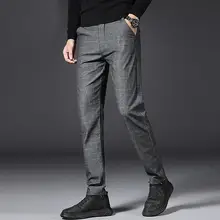 Клетчатые брюки размера плюс, элегантные мужские облегающие брюки, прямые длинные брюки, мужские строгие брюки черного цвета 3