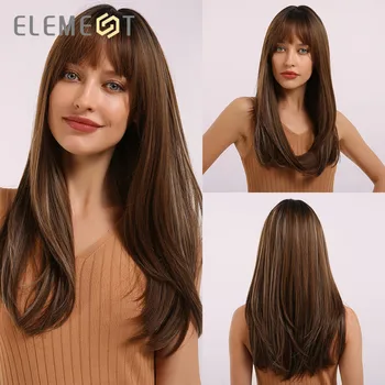 

Element Synthetic Long Straight Ombre Brown Mix Grey Wigs with Bangs for White/Black Women Heat Resistant Daily or Party Wigs
