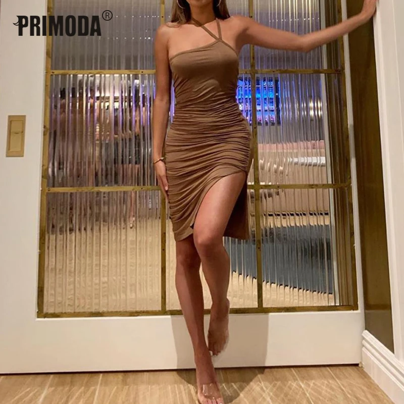 

Summer Straps Women Halter Dress Ruched Side Split Sexy Club Party Dress Pleated Khaki Nude Mini Skinny Bodycon Dress PR924G