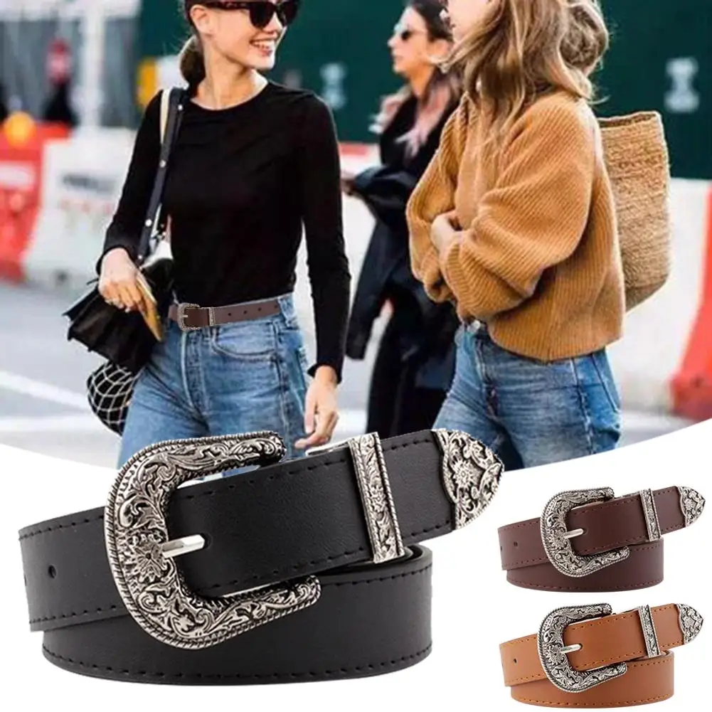 Leather Belt Women Metal Heart Buckle Waist Belt Vintage Carved Ladies Belts Waistband Western Design Fashion Waist Belt