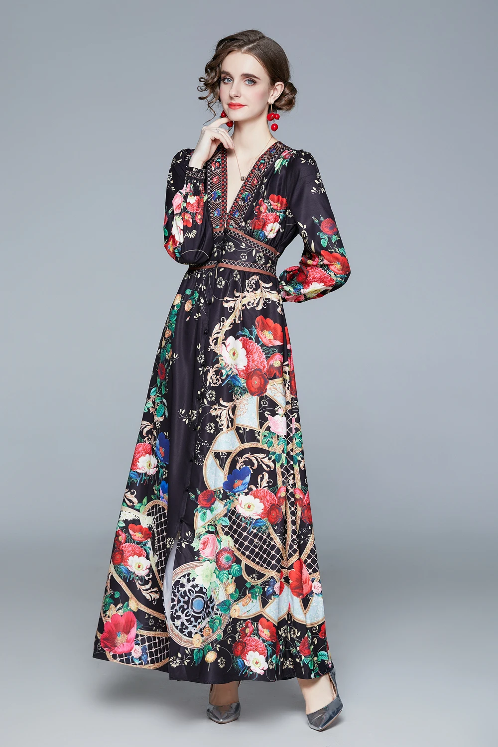 Robe longue à imprimé floral - Noir