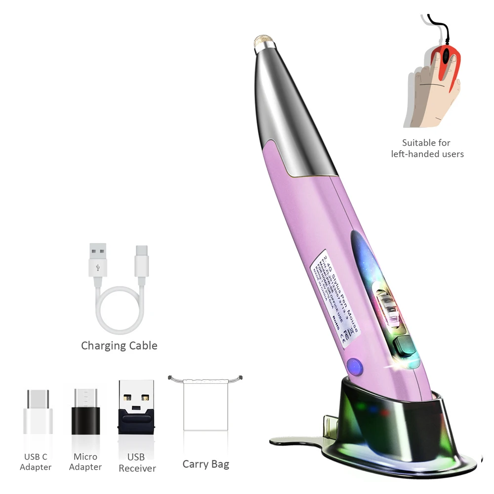 2.4GHz Optical Pen Mouse Left & Right Hands Rechargeable Wireless Optical Pocket Pen Mouse Wireless Dual Right Keys