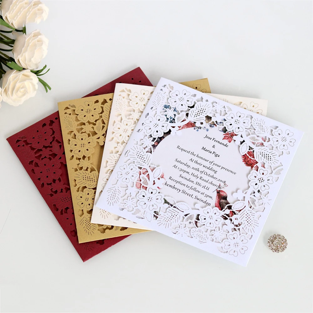  1Pcs Laser Cut Wedding Invitations Card With Square Hollow Flora For Engagement Invites Greeting ca - 4000511666325