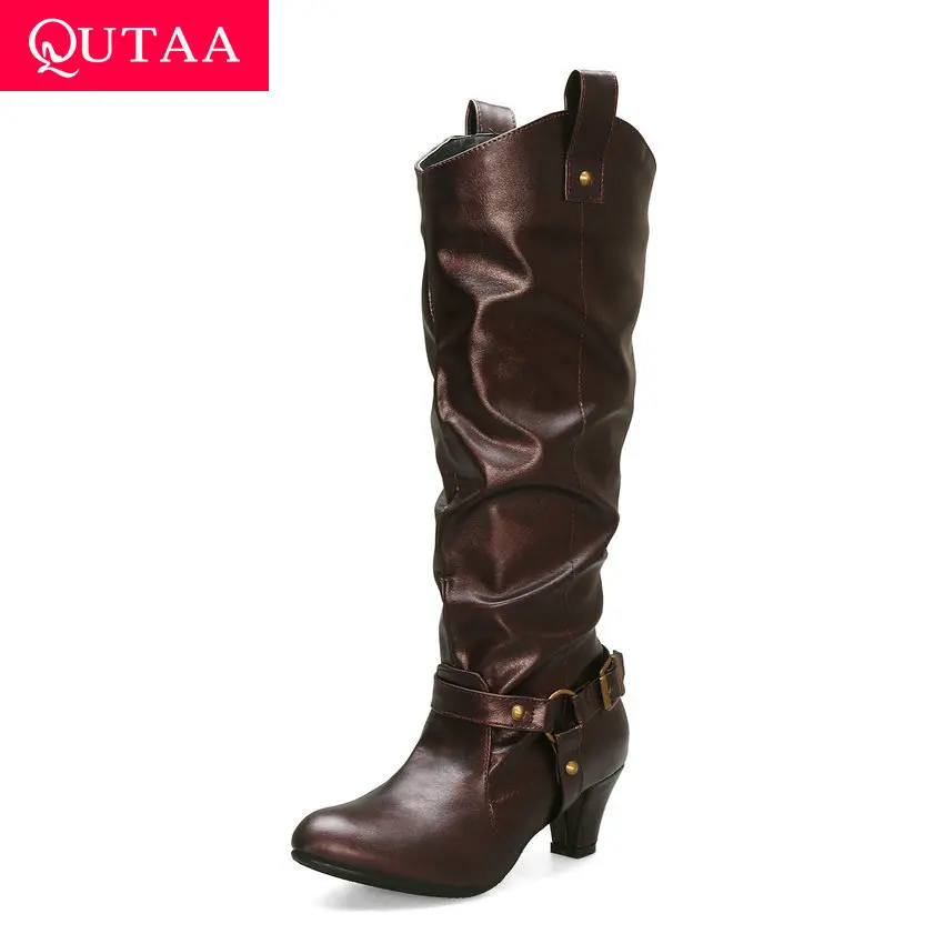 QUTAA/ г. Повседневные ботинки до середины икры из PU искусственной кожи с круглым носком без застежки осенне-зимняя модная женская обувь с пряжкой на квадратном каблуке размер 34-43