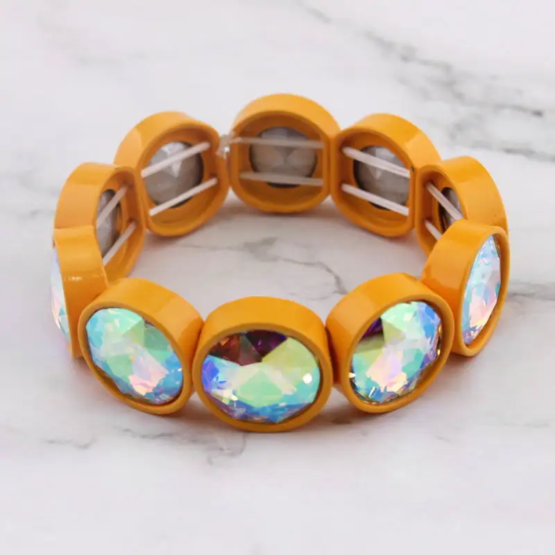 ZWPON Faceted Glass Crystal Square Tile Bead Bangles Bracelets for Women Fashion Multicolor Painted Elastic Bracelets Wholesale