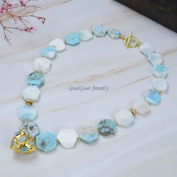 

GG Jewelry Natural Hexagon Blue Larimar choker Necklace Heart shaped Larimar Gold color Plated Pendant necklace for women
