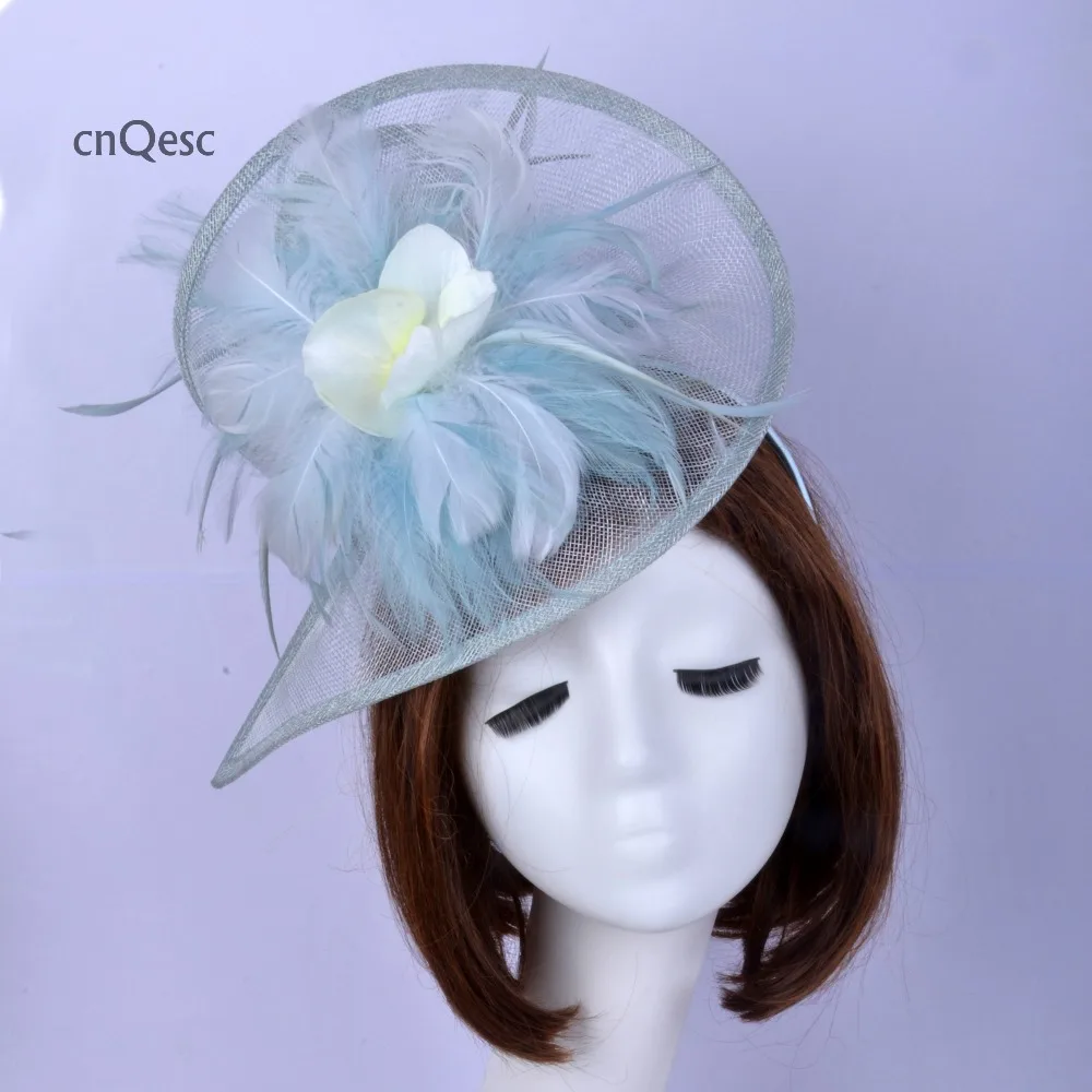 PALE BLUE IVORY Темно-синяя формальная шляпа Sinamay перо Чародейка шляпа с пером цветок для Кубка Лондона, ascot гонки, Кентукки Дерби свадьбы - Цвет: PALE BLUE IVORY
