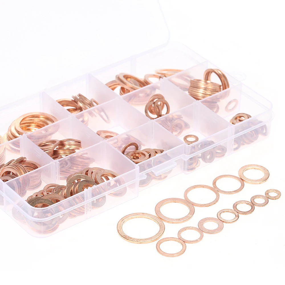 

Hot 280pcs M5-M20 Copper Washers Gasket Set Flat Sealing Ring Seal Assortment Kit with Box 12 Sizes for Hardware Accessories