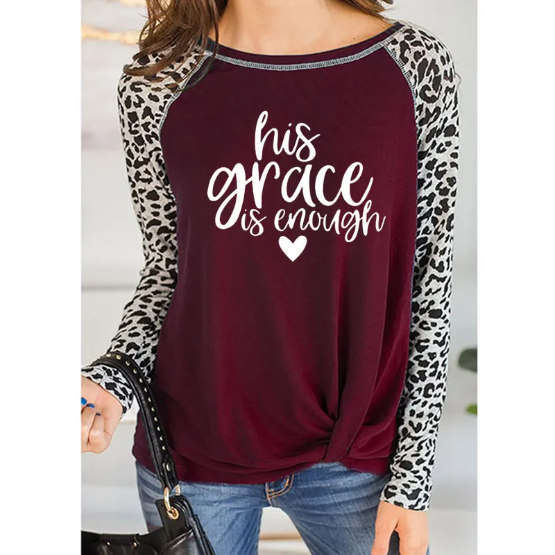 Футболка с надписью his grace is enough, футболка с надписью «Christian jesus», топы с надписью «His Grace is enough», Осенний облегающий Леопардовый топ с круглым вырезом - Цвет: 11