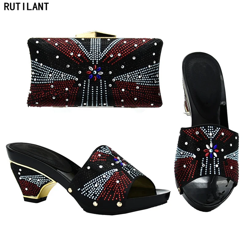 

New Arrival African Matching Shoes and Bags Italian In Women Nigerian Women Wedding Shoes and Bag Set Decorated with Rhinestone