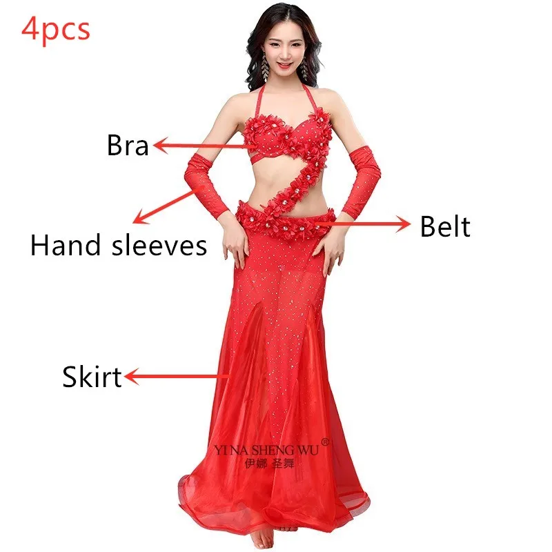 Red 4pcs Сексуальный женский набор костюма для танца живота Восточный танец живота бюстгальтер юбка костюм сценический элегантный танец живота одежда платье - Цвет: Red 4pcs