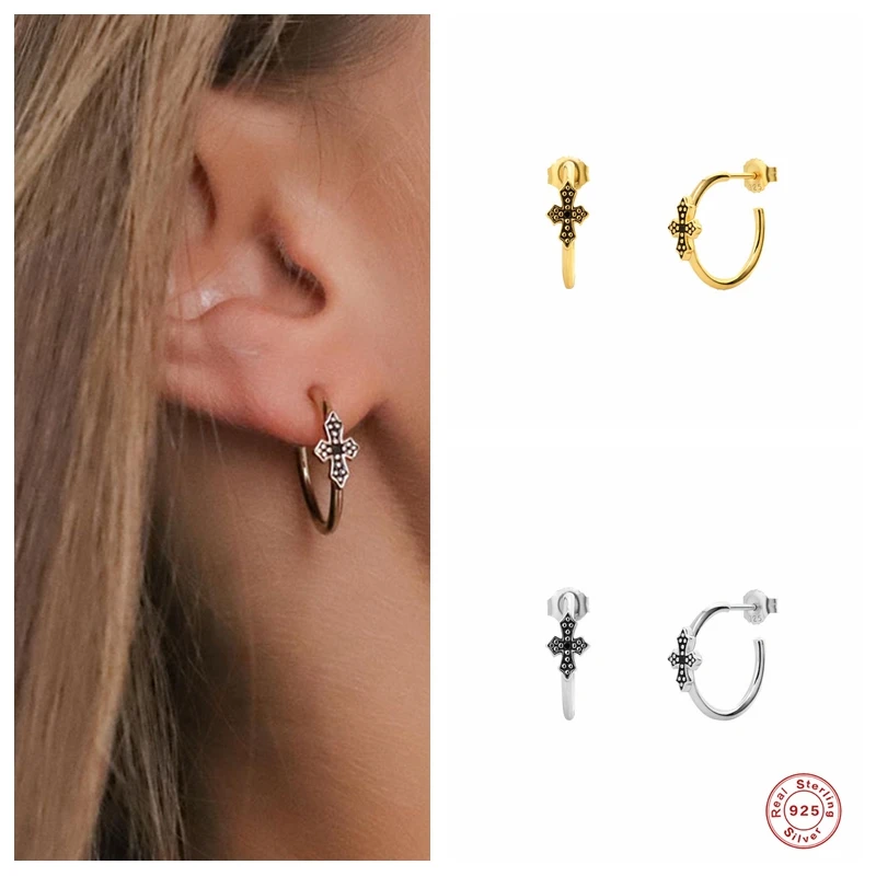 

GS 925 Sterling Silver Gold Cross Huggies luxury 10mm Hoop Earrings For Women Girls Gift C Shape Loop Earring Party Fine Jewelry