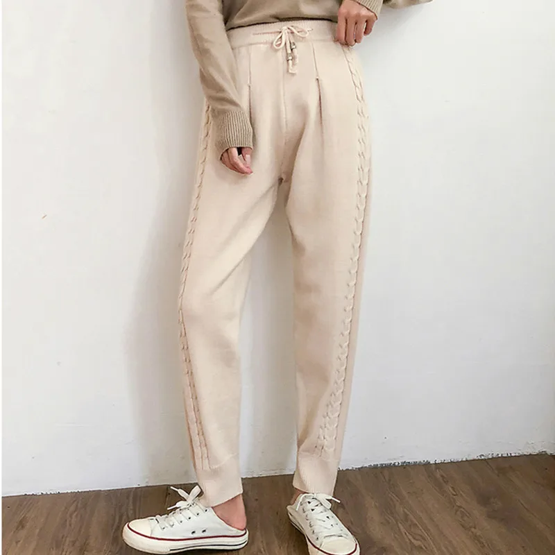 Стильные вязанные шаровары с боковыми кручеными краями, женские зимние теплые штаны, Женские Повседневные свитера, Брюки с карманами
