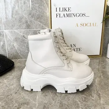 

Platform High Women Boots 2020 Winter Fashion Chunky Sole Short Boots White Leather Ankle Boots for Women Shoe