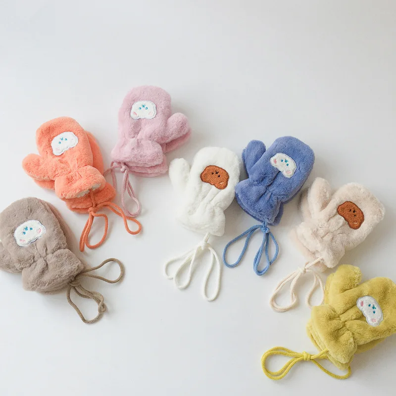 Winter Warm Baby Gloves Thick Soft Plush Cartoon Bear Kids Mittens For Baby Girl Boy Solid Color Full Finger Children Gloves