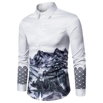 

2020 New Mens Flower Shirt Long Sleeve White Black Chinese Style Shirt Men Fashion Casual Shirts Slim Design camisa masculina