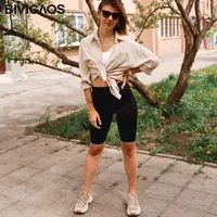 BIVIGAOS Spring Summer Elastic Sharkskin Knee Short Biker Shorts Women's High Waist Sexy bodybuilding Sport Shorts Black Gray 5