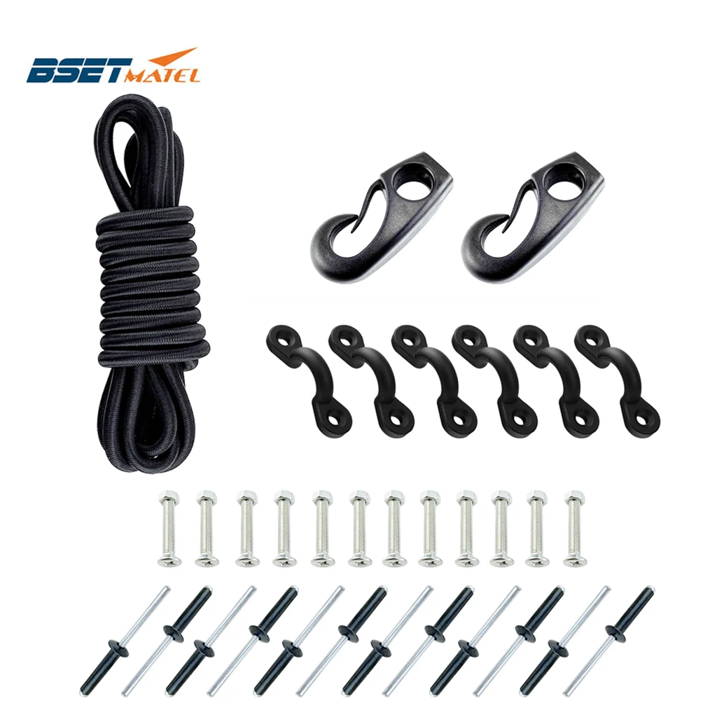 

2.5m Kayak Black Bungee Rigging Kit with Screws or Rivets Bungee Cord Ends Rope Pad Eyes Water Sports Kayak Boats Accessories
