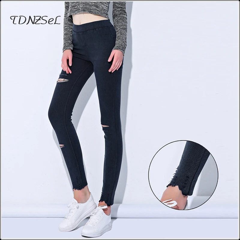 

Plus Big Size Slim High Stretch Jeans Leggings For Women Elastic Waist Skinny Denim Pencil Pants Lady 5xl 6xl Hole Jean Trousers
