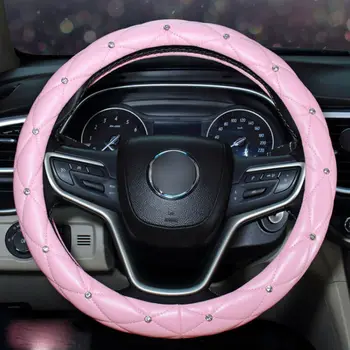 

Parts Steering Wheel Cover Crystal Diamond PU Leather Non-Slip Pink 15Inch W/ Rhinestone