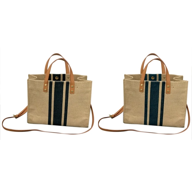 

2 Pcs Large Shopper Bag Jumbo Canvas Totes Beach Bag Big Shoulder Bag Summer Striped Casual Totes (Black & Navy)