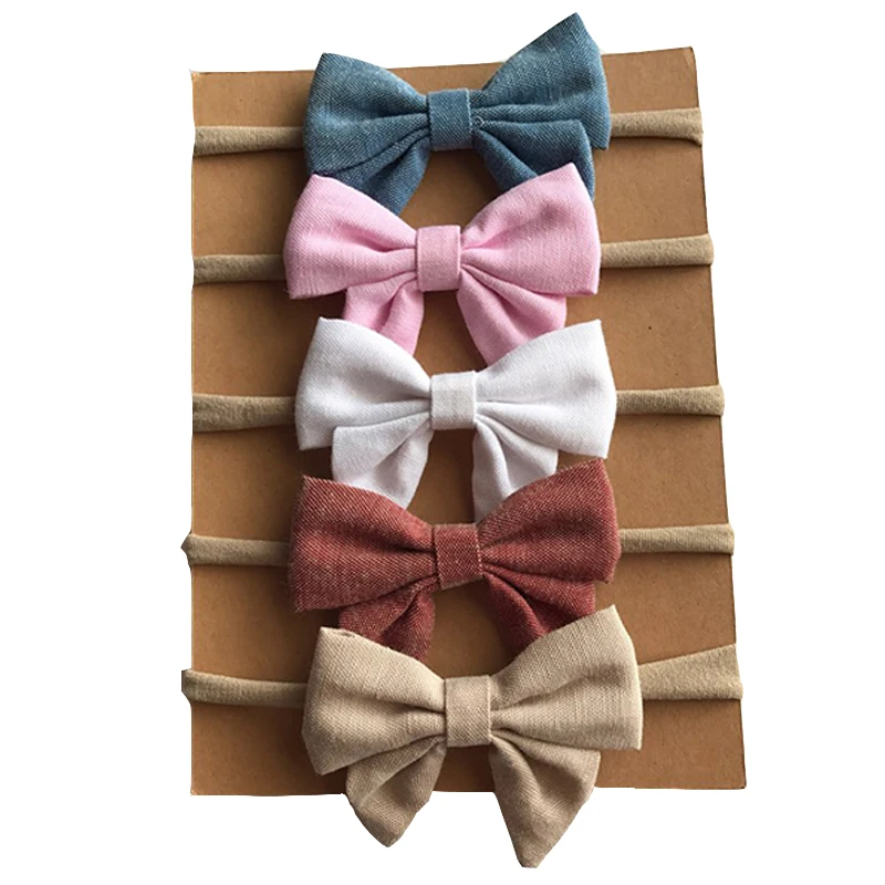 4pcs/Lot Kids Bow Nylon Headbands Cute Soft Linen Fabric Hairbands Bow