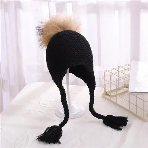 BLACK 3-36 Months Осенне-зимняя теплая шапка для младенца из натурального меха енота вязаный детский чепчик накладки наушников-капель детская шапка для мальчиков и девочек помпоны вязаные шапочки - Цвет: BLACK 3-36 Months