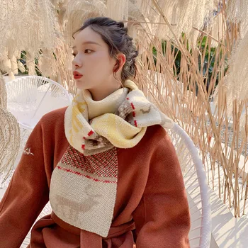 

Retro Christmas Fawn Jacquard Knit Thicken Woolen Scarf Women Winter Wild Korean Street Plus Velvet Couple Bib Tide pashmina