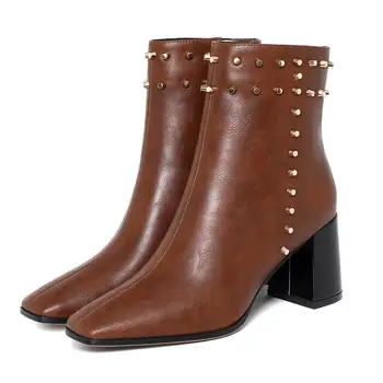 

LAIGZEM Women Ankle Boot Genuine Leather Studded Side Zip Block Heels Boots Autumn Winter Brown Ladies Shoes Woman Size 33 40 42