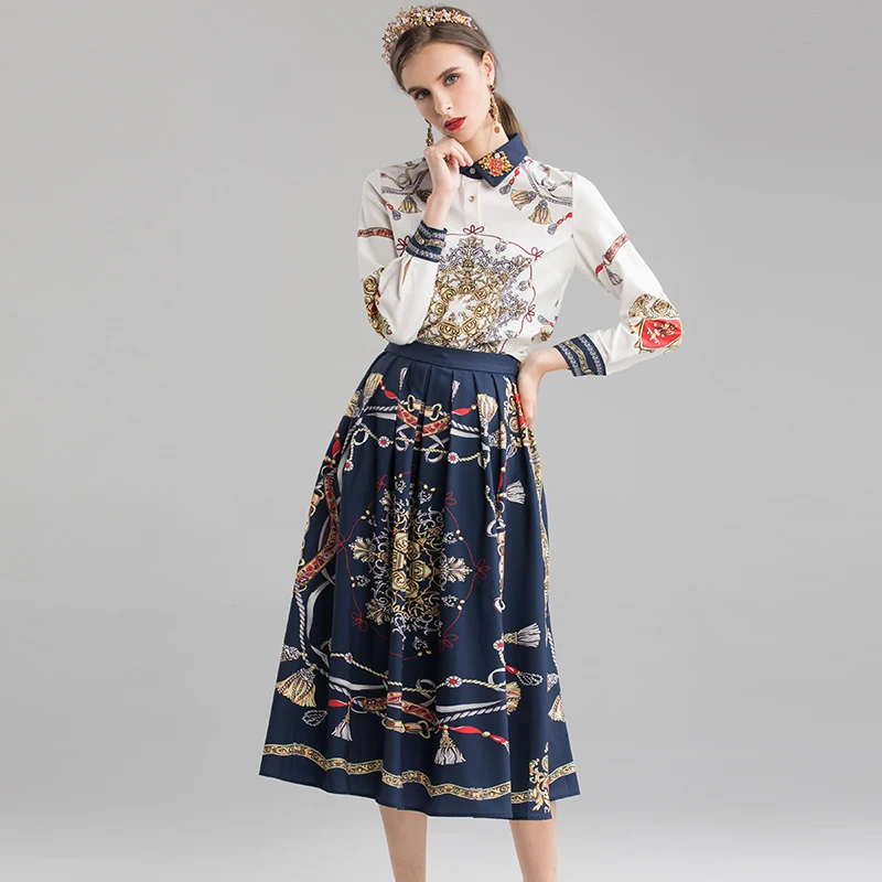 VERDEJULIAY Runway Women Sets Spring Autumn New Luxury Beading Turn-Down Blouse Top+Blue Pleated Skirt Flower Print Sets