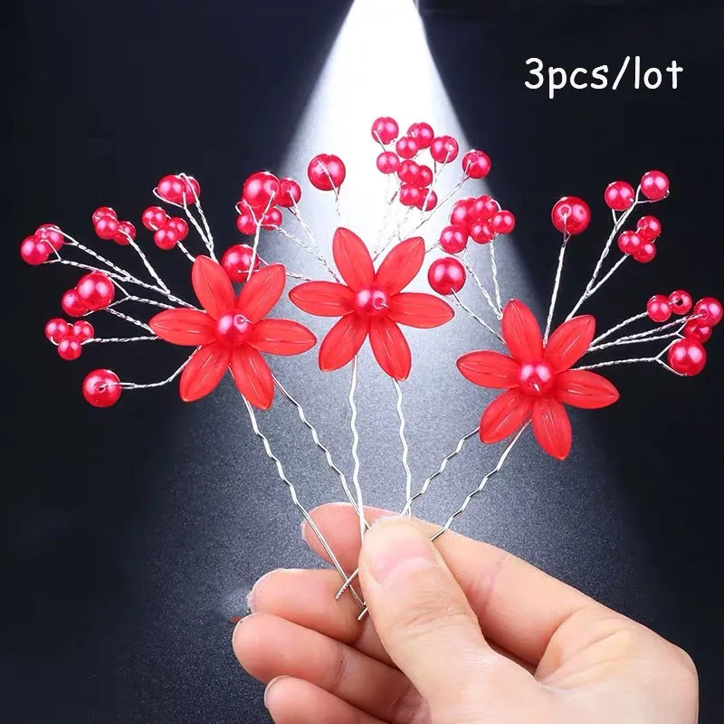3pcs red pearls М мизм, корейская мода, для женщин, девушек, цветок, стиль волос, инструмент, заколка для волос, шпилька, кристалл, палочка для волос, свадебные, вечерние, аксессуары для волос - Цвет: 3pcs red pearls