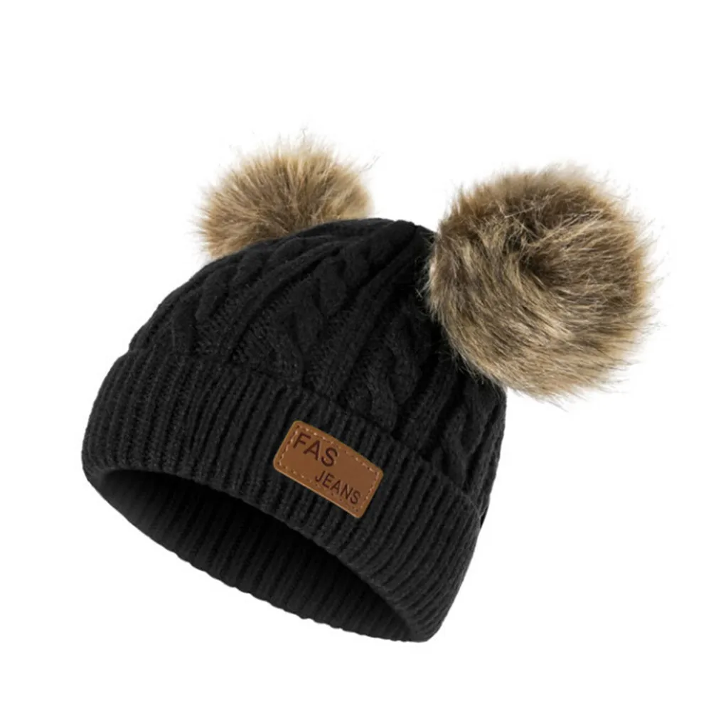 

toddler hats Double Ball Children's Wool Hat Twist Wool Ball Baby Knitted Cap Elasticity girl winter hat шапка детская#CN20