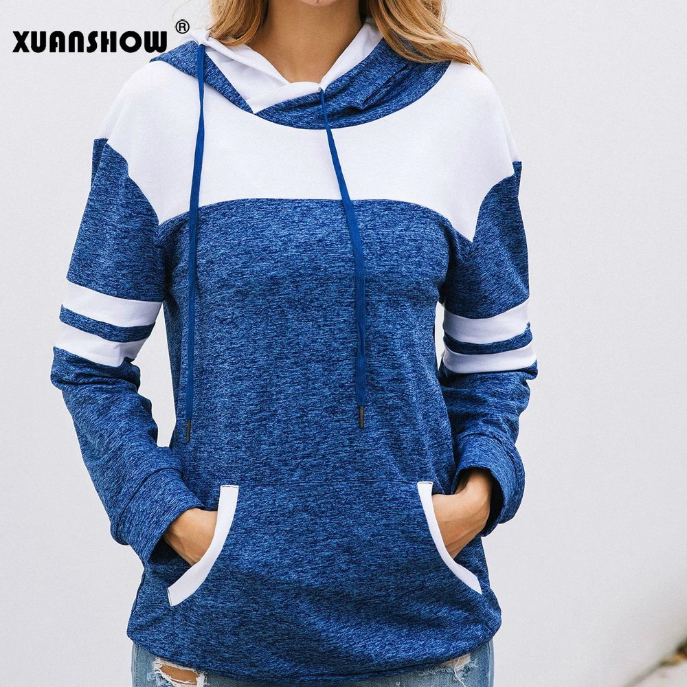 XUANSHOW мода Женские толстовки Длинный рукав пэчворк Толстовка Кофты женский верхушки С карманами Moletom