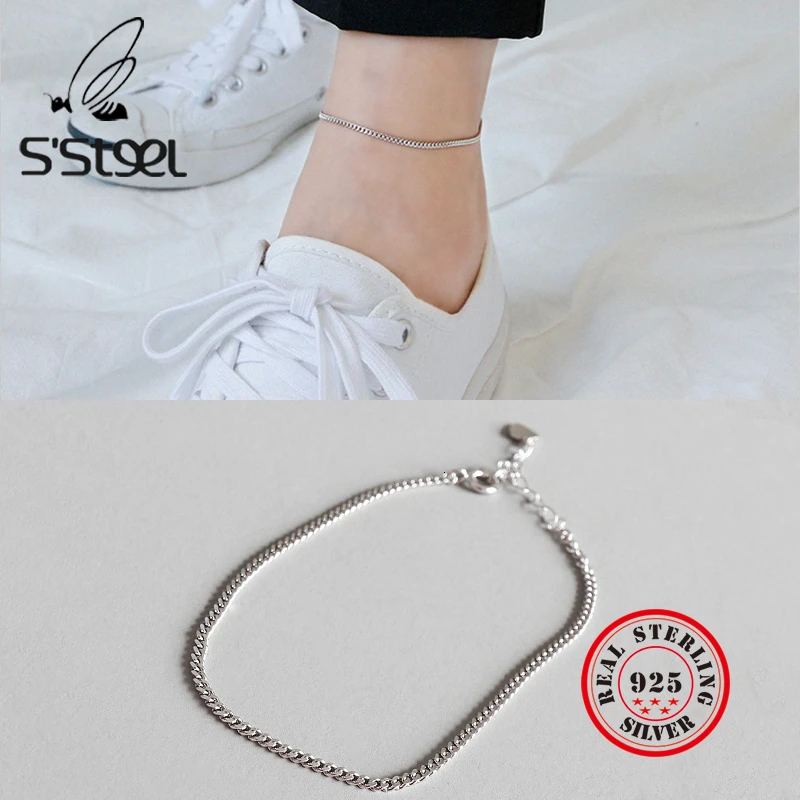 S'STEEL Concise 2mm Fine Chain Foot Jewelry Anklets Ankle Bracelets For Women Real Sterling Silver 925 Bijoux Argent Acessorios S'STEEL Concise 2mm Fine Chain Foot Jewelry Anklets Ankle Bracelets For Women Real Sterling Silver 925 Bijoux Argent Acessorios