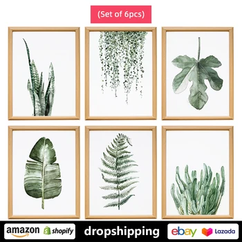 

ART ZONE Plant Green leaf prints Wall Art Canvas posters decor (Set of 6pcs) Unframed Nordic room decor for bedroom aesthetic
