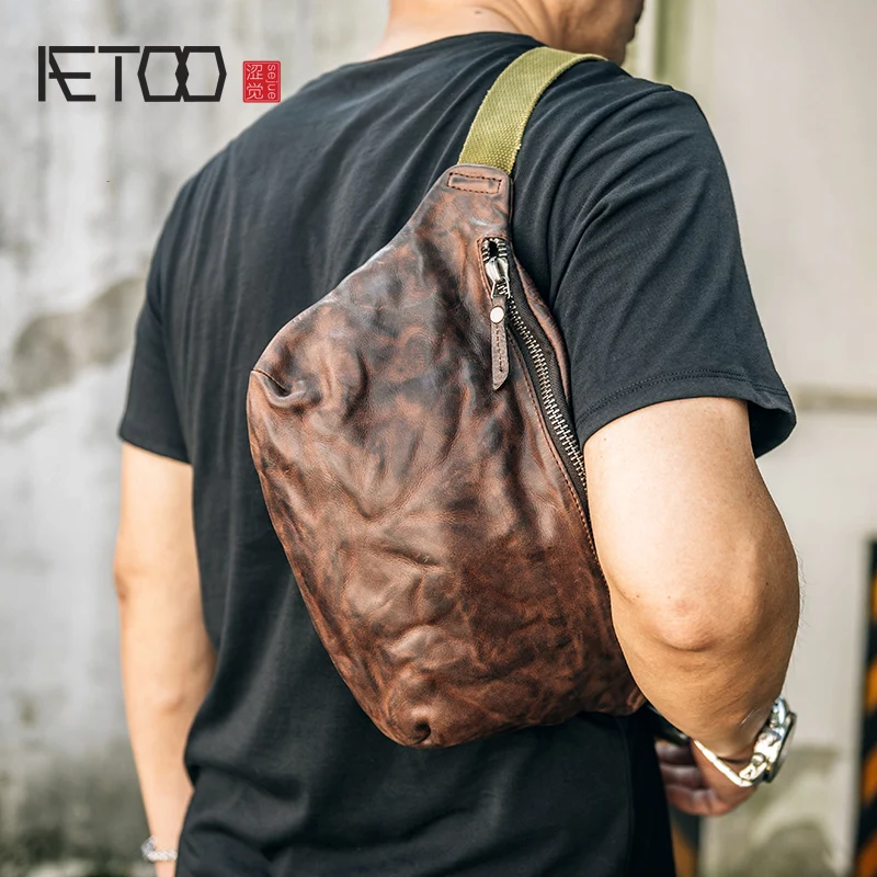 

BJYL Head-layer Cow purse handmade retro wrinkled leather crossbody bag trend casual chest bag sports bag