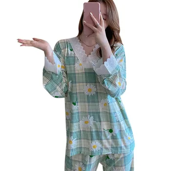 

Woman Pajamas Set Female Autumn Winter Princess Style Fashion Loose Lace Plaid Printed V-Neck Long Sleeve Large Size Sleepwear
