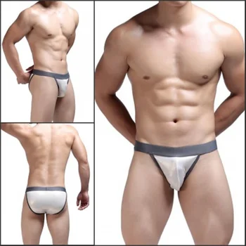 

Men's European Size Hot Stamping Underwear Imitation Leather Bronzed Bright High Fork Briefs Jockstrap Gay Homens Calzoncillos