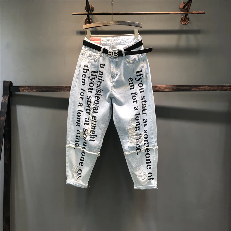 Light blue Рваные джинсы женские Весна Осень Новые Модные свободное, с принтом в виде надписи брюки длиной до щиколотки шаровары джинсовые брюки - Цвет: Light blue