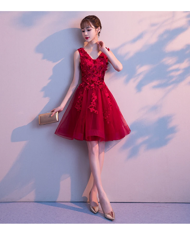 Robe de soriee короткие темно-красные коктейльные платья Дешевое кружевное с принтом А-силуэт тюль без рукавов Коктейльные Вечерние платья для выпускного вечера
