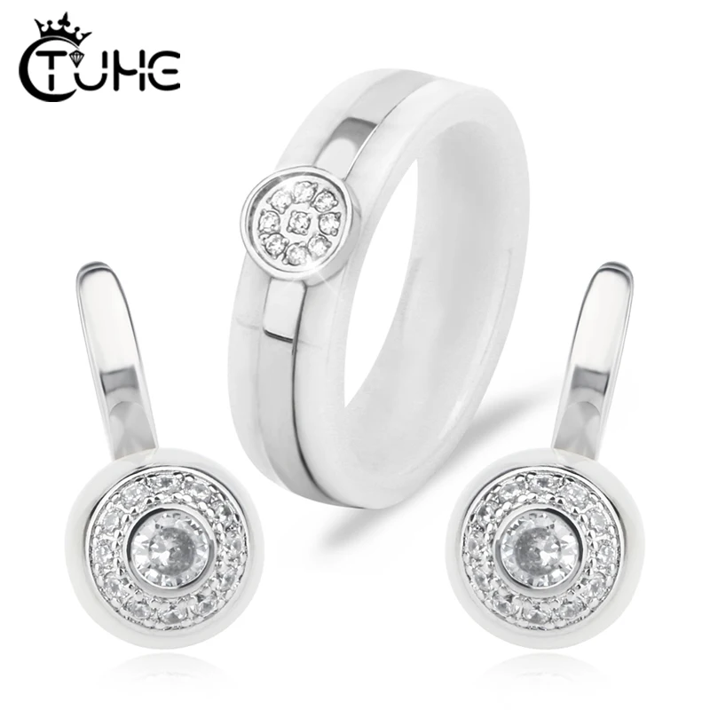 

Fashion Austrian Crystal Earring Ring Women Circle Shape Ceramic Rings Stud Earrings Bride Wedding Jewelry Set Gift