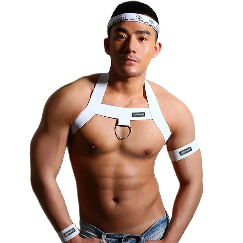Elastic Band Harness Men Sexy Shoulder Straps Chest Bondage Muscle Halter Belt with Metal O-rings Hollow Costume CLEVER-MENMODE cosplay costume,mens bondage lingerie,men chest harness belt