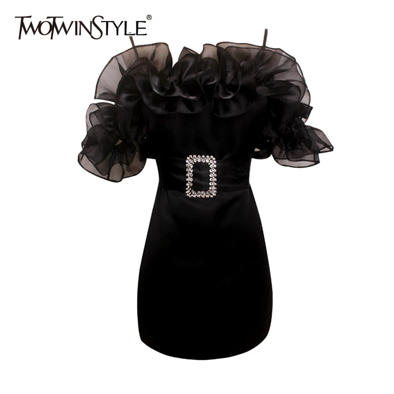 TWOTWINSTYLE Elegant Patchwork Ruffles Dresses For Female Square Collar Spaghetti Strap High Waist With Sashes Mini Dress Women TWOTWINSTYLE Elegant Patchwork Ruffles Dresses For Female Square Collar Spaghetti Strap High Waist With Sashes Mini Dress Women