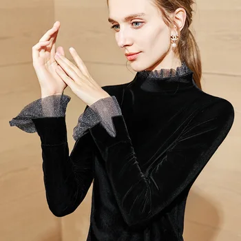 

Women Spring Autumn High Street Fashion Stand Collar Flare Long Sleeve Gold Velvet Bottom T Shirt Tops Female Slim Elegant Shirt