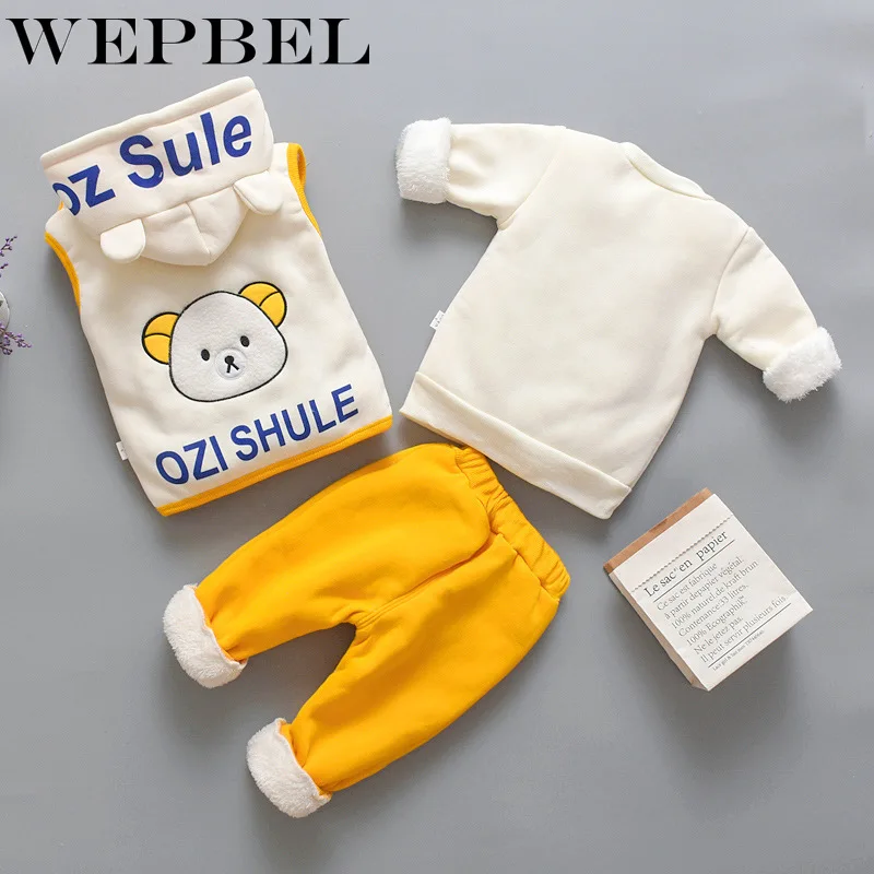 WEPBEL/осенне-зимний комплект одежды для маленьких девочек и мальчиков; детская одежда; детский утепленный жилет с капюшоном; свитер; брюки; спортивные костюмы из 3 предметов
