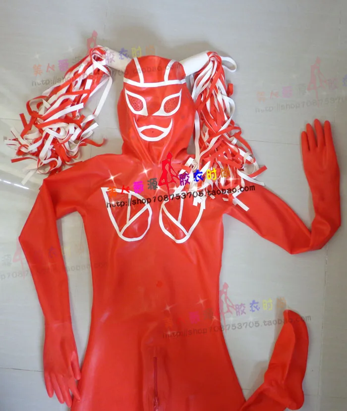 Sexy-Red-Full-Body-Latex-Catsuit-Rubber-Bodysuit-with-Latex-Hood-Ponytail-3d-Breast- 2