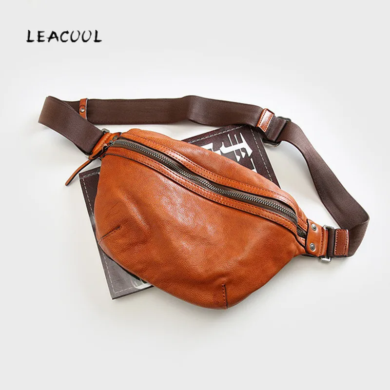 

Leacool Genuine Leather Waist Packs Fanny Pack Belt Bag Phone Pouch Bags Travel Waist Pack Male Small Waist Bag Leather Pouch