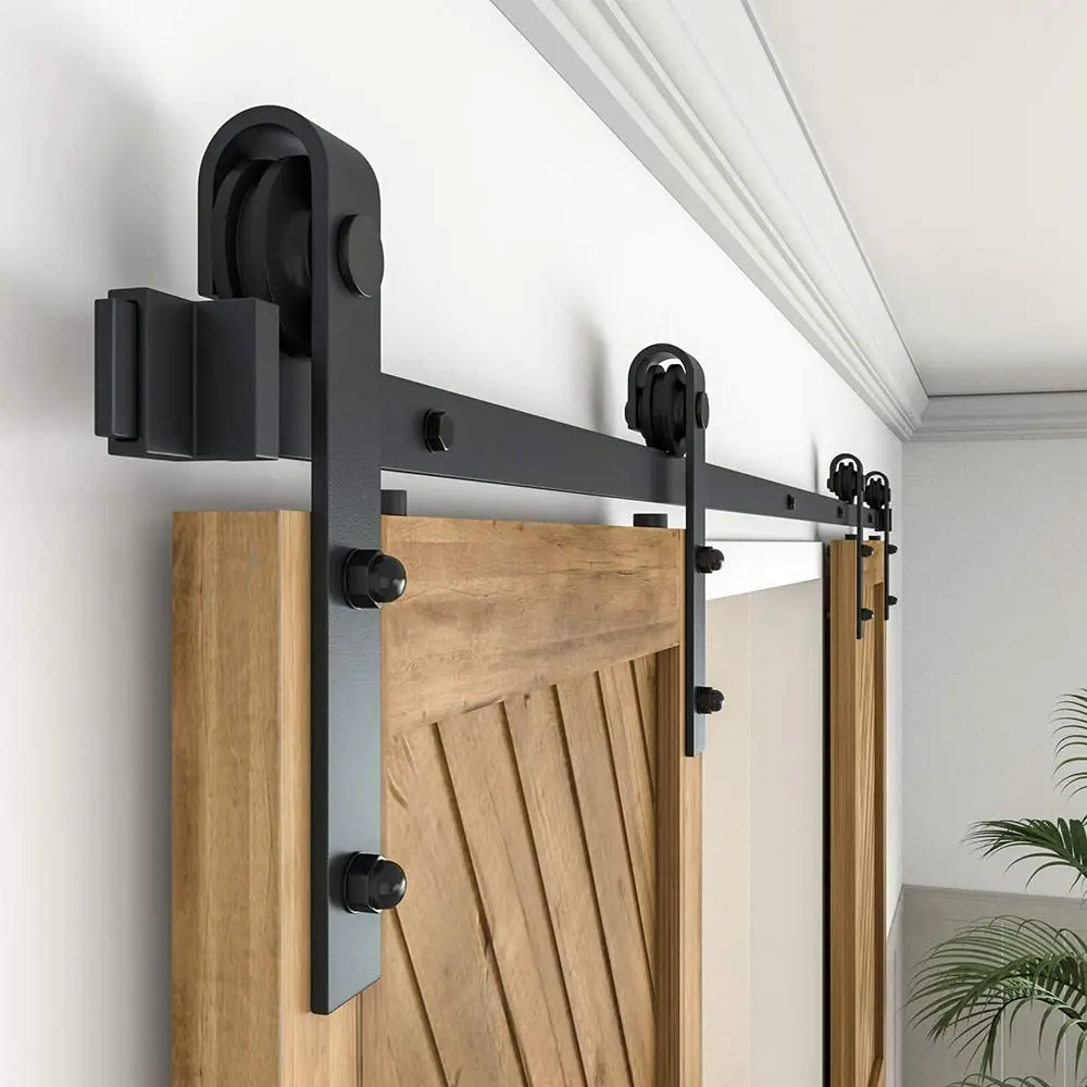 JACHOR 4-16FT J-Shaped Barn Door Slide Hardware Kit Top Hanging Roller Rail Barn Door Fittings Set for Double