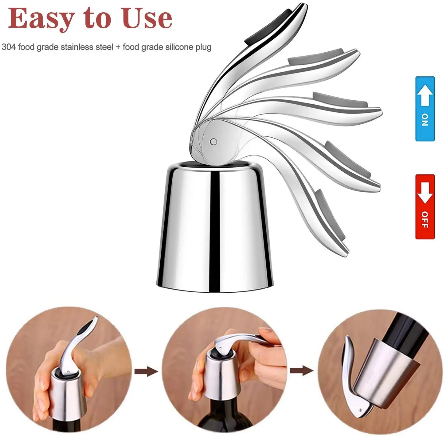 Konco Wine Bottle Stopper Stainless Steel Wine Stopper With Silicone Reusable Vacuum Sealer Plug Retain Freshnes