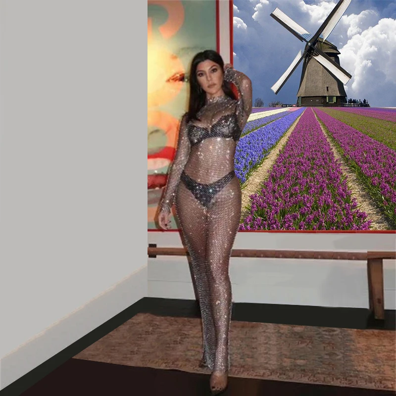 Блестящие прозрачные платья Стразы в клетку с длинным рукавом и круглым вырезом